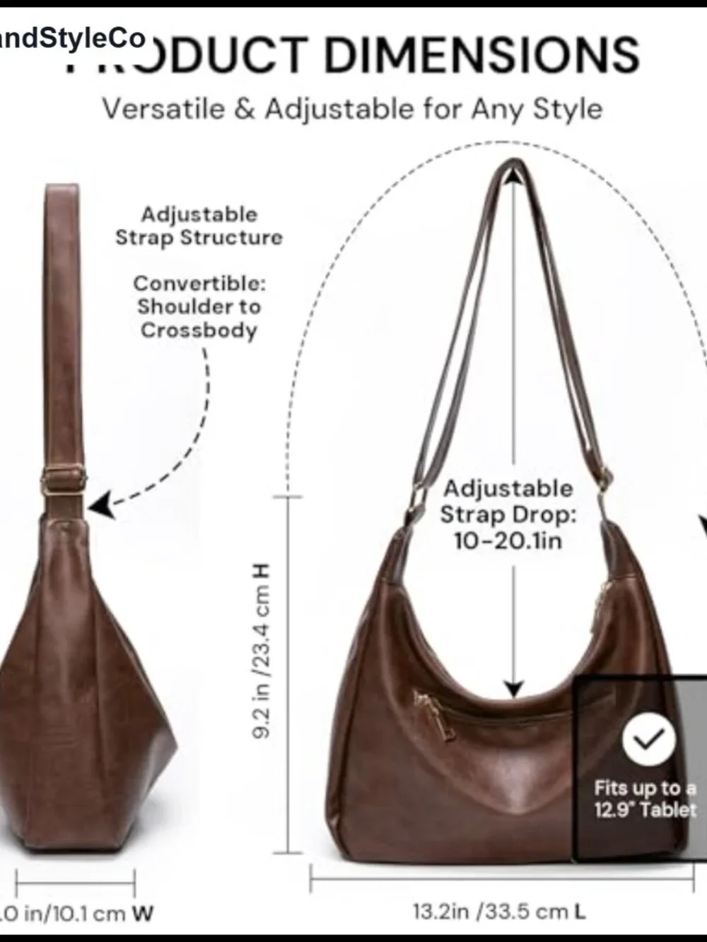 Hobo Shoulder Bag Soft Vegan Leather Slouchy Everyday Purse Adjustable Crossbody